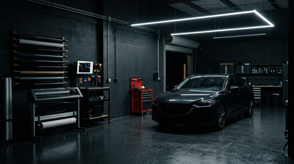 Illustrative render of a dark window-tinting workshop bay with a sedan under LED work lights