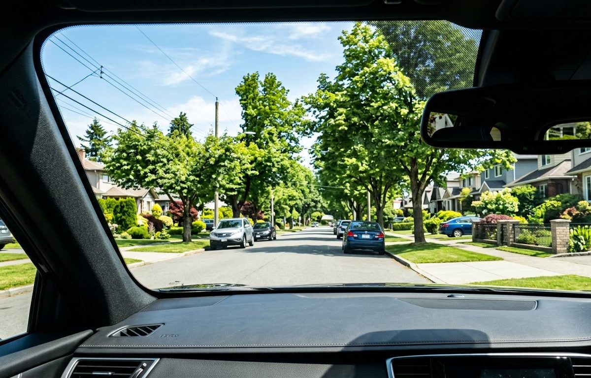 Illustrative view through a car windshield on a sunny street, used to preview how tint looks from inside the cabin