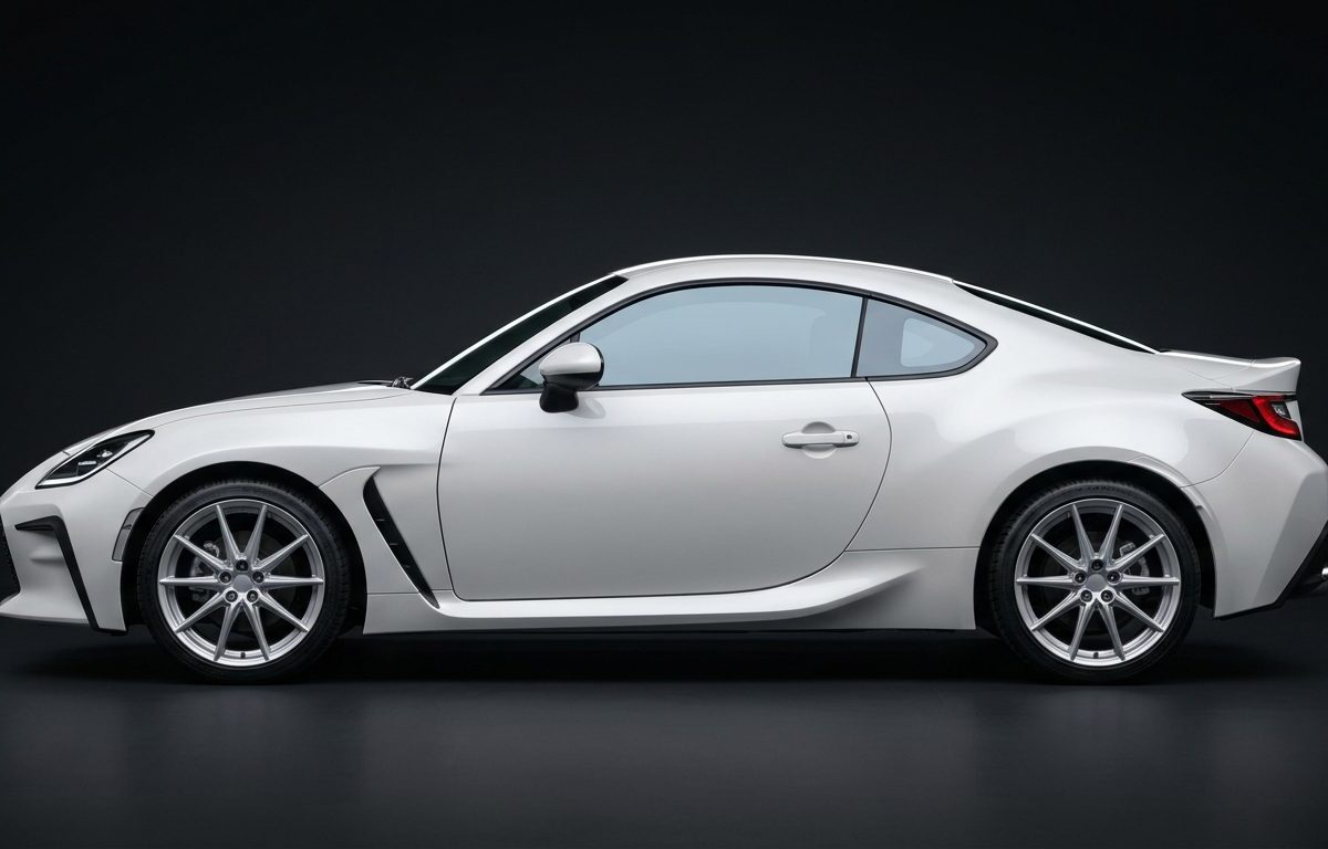 Illustrative studio render of a factory-white coupe, used to preview window tint shades and vinyl wrap colours